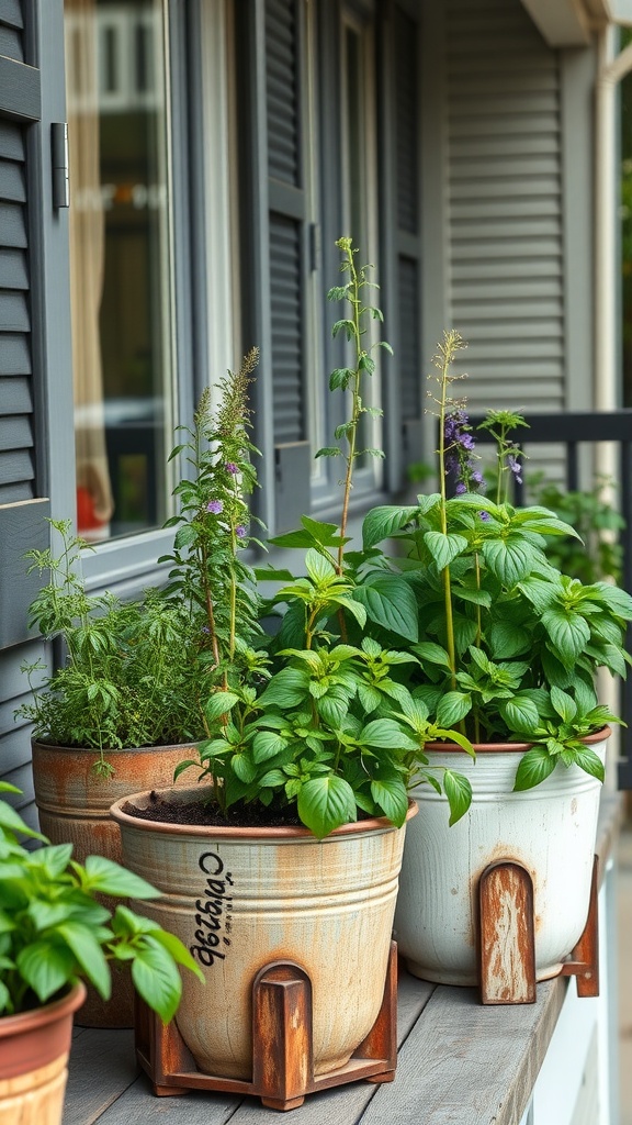 A cozy balcony herb garden with reclaimed containers filled with vibrant herbs like mint and basil.