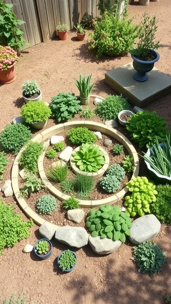 Image of a herb spiral design featuring various herbs planted in a circular pattern.