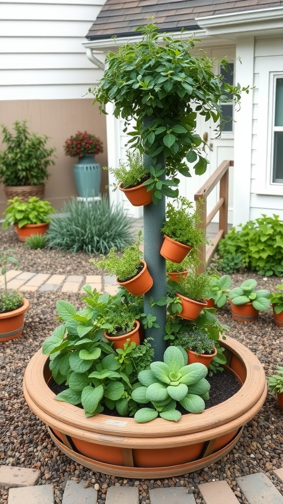 A beautifully designed herb spiral with pots of herbs, surrounded by gravel and plants in a farmhouse garden.