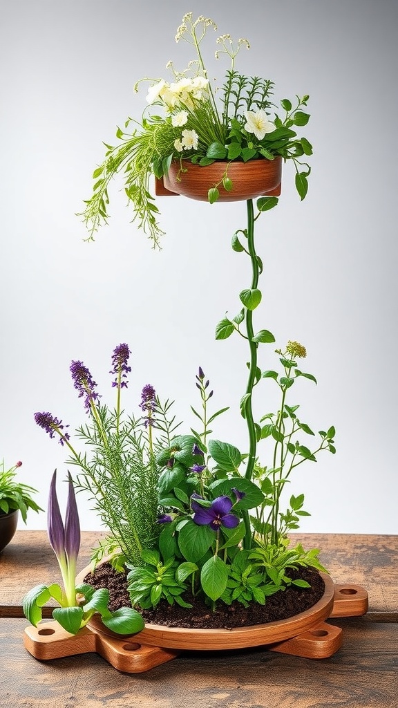 A vibrant herb spiral garden featuring various herbs and flowers in a stylish wooden structure.