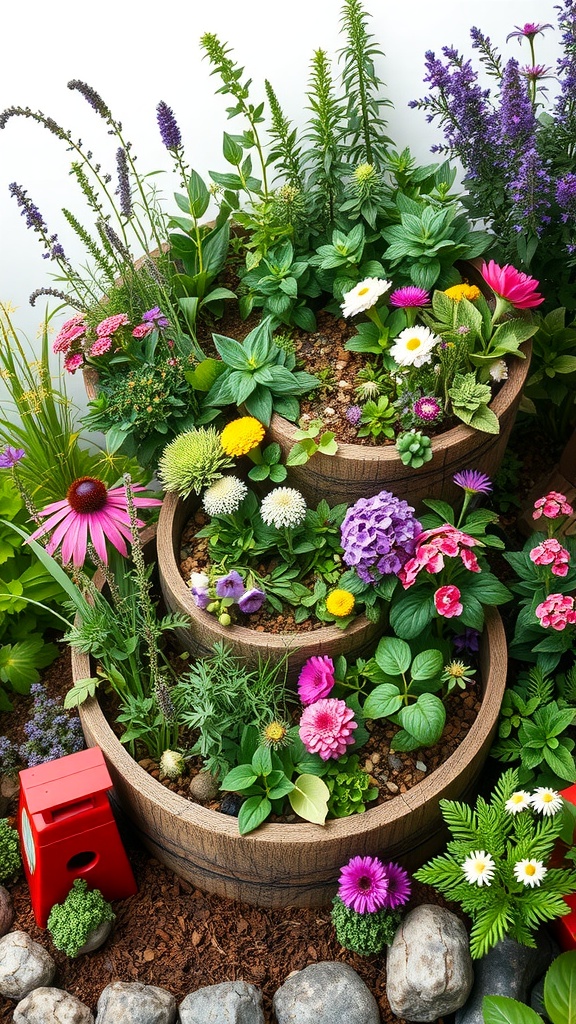 A colorful herb spiral garden featuring various herbs and flowers in a tiered wooden barrel design
