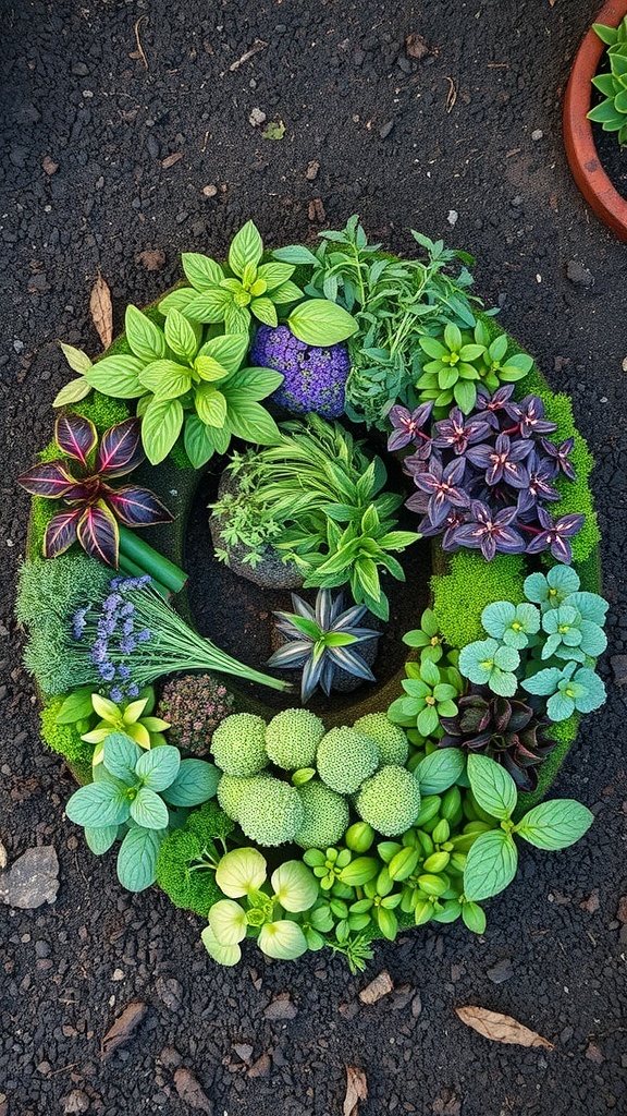 Top view of a colorful herb spiral garden arrangement.