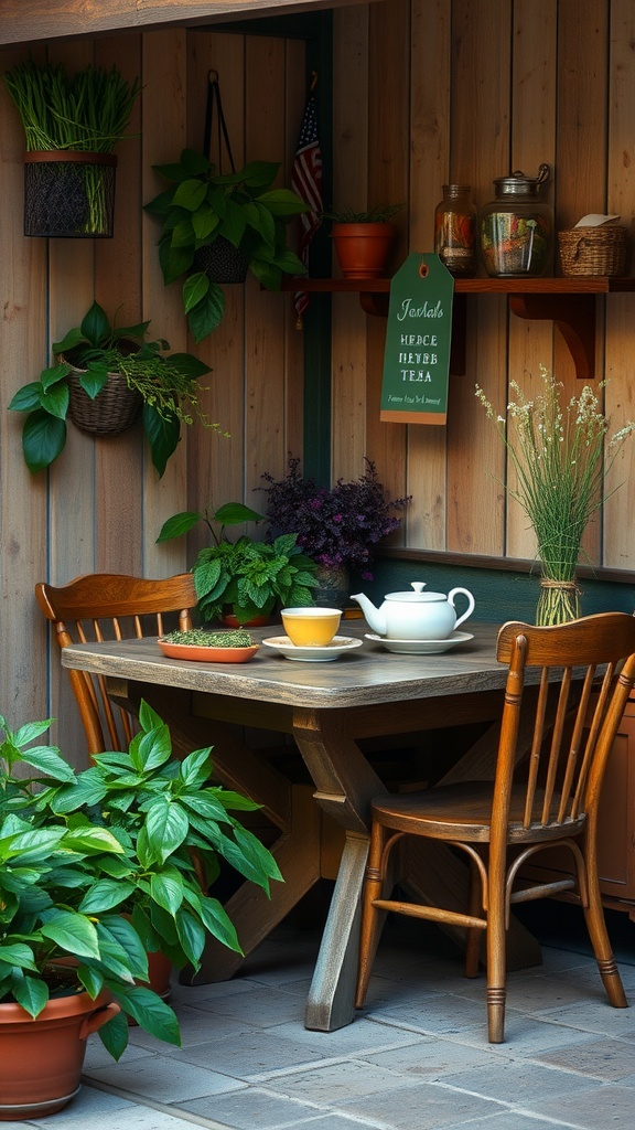A cozy Herbal Tea Nook featuring a wooden table and chairs surrounded by potted plants, with a teapot and a cup of tea on the table.