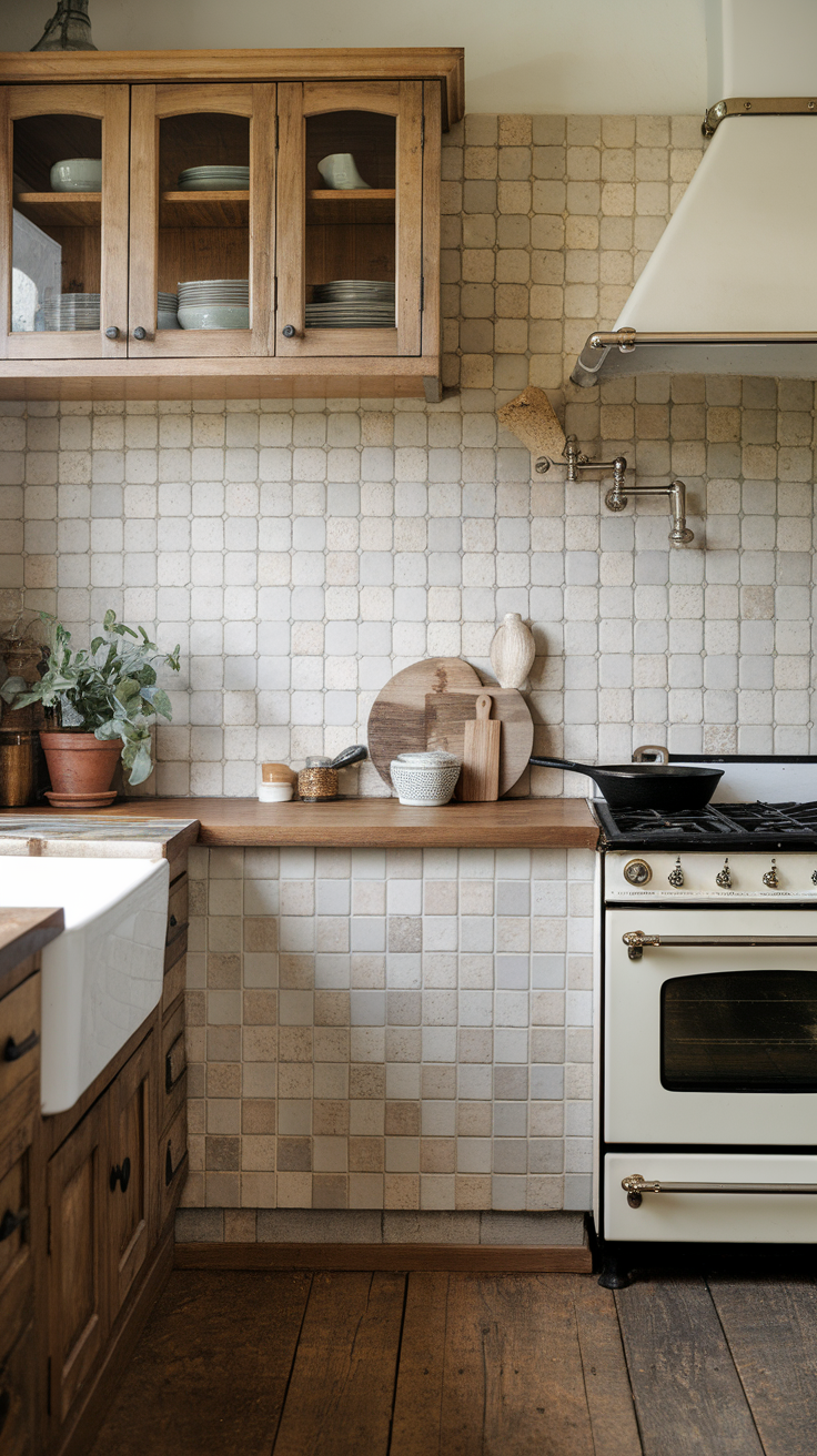 A cozy kitchen featuring hexagonal tile accents and wooden cabinets.