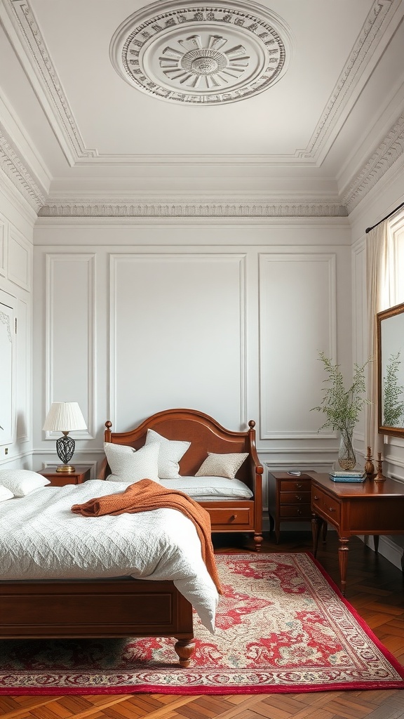 A cozy farmhouse bedroom featuring elegant architectural details, wooden furniture, and a classic rug.
