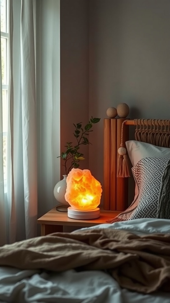 A cozy bedroom scene featuring a glowing Himalayan salt lamp on a bedside table, complemented by soft bedding and earthy decor.