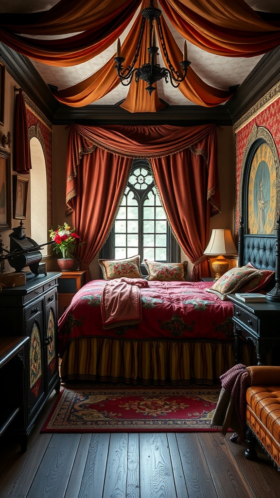 A medieval-themed bedroom featuring rich colors, ornate decor, and elegant drapery.