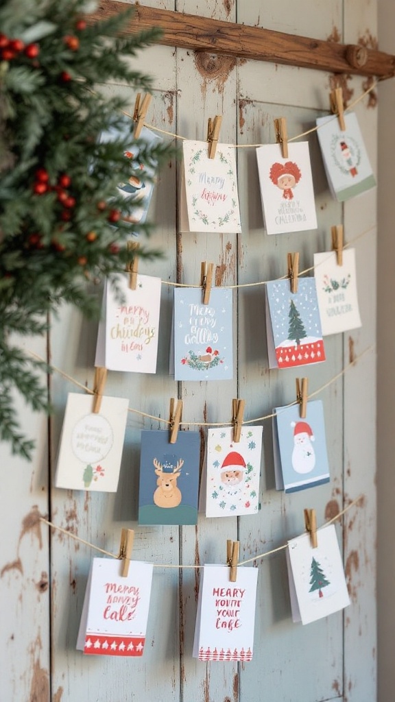 A display of colorful holiday greeting cards hanging on a string with clothespins.