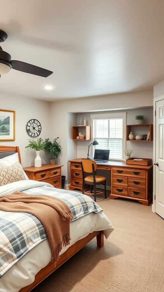 Cozy farmhouse basement bedroom with a home office nook featuring a wooden desk and chair, warm lighting, and decorative plants.