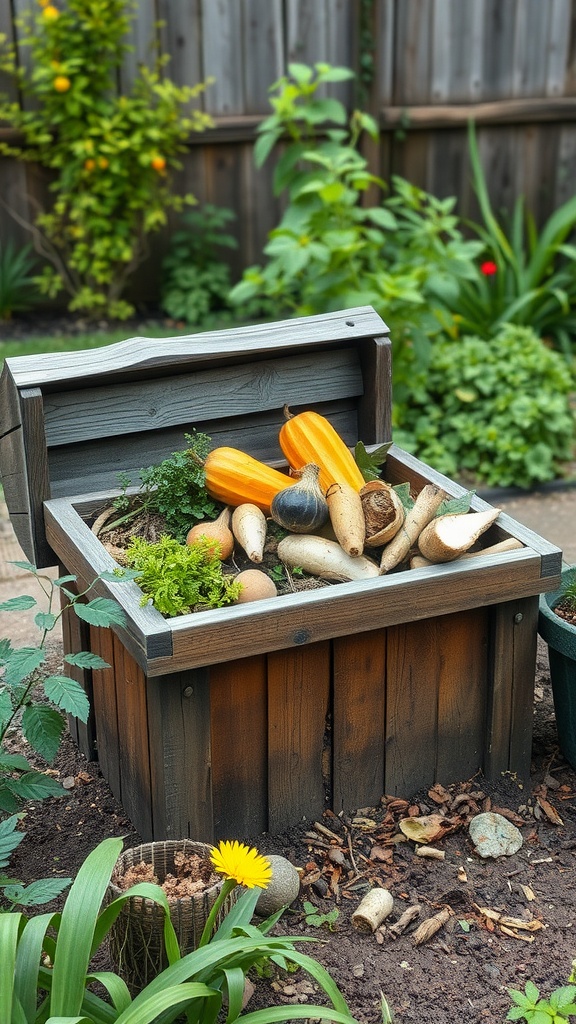 A wooden compost bin filled with vegetables and herbs, surrounded by a lush garden