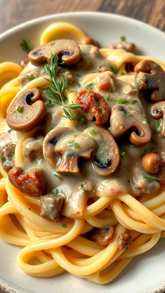 Homestyle Beef and Mushroom Stroganoff served over egg noodles