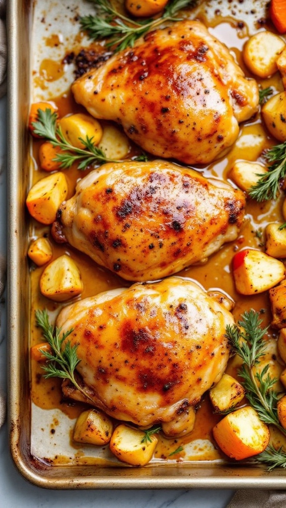 Baked chicken thighs glazed with honey mustard beside roasted potatoes and garnished with herbs.