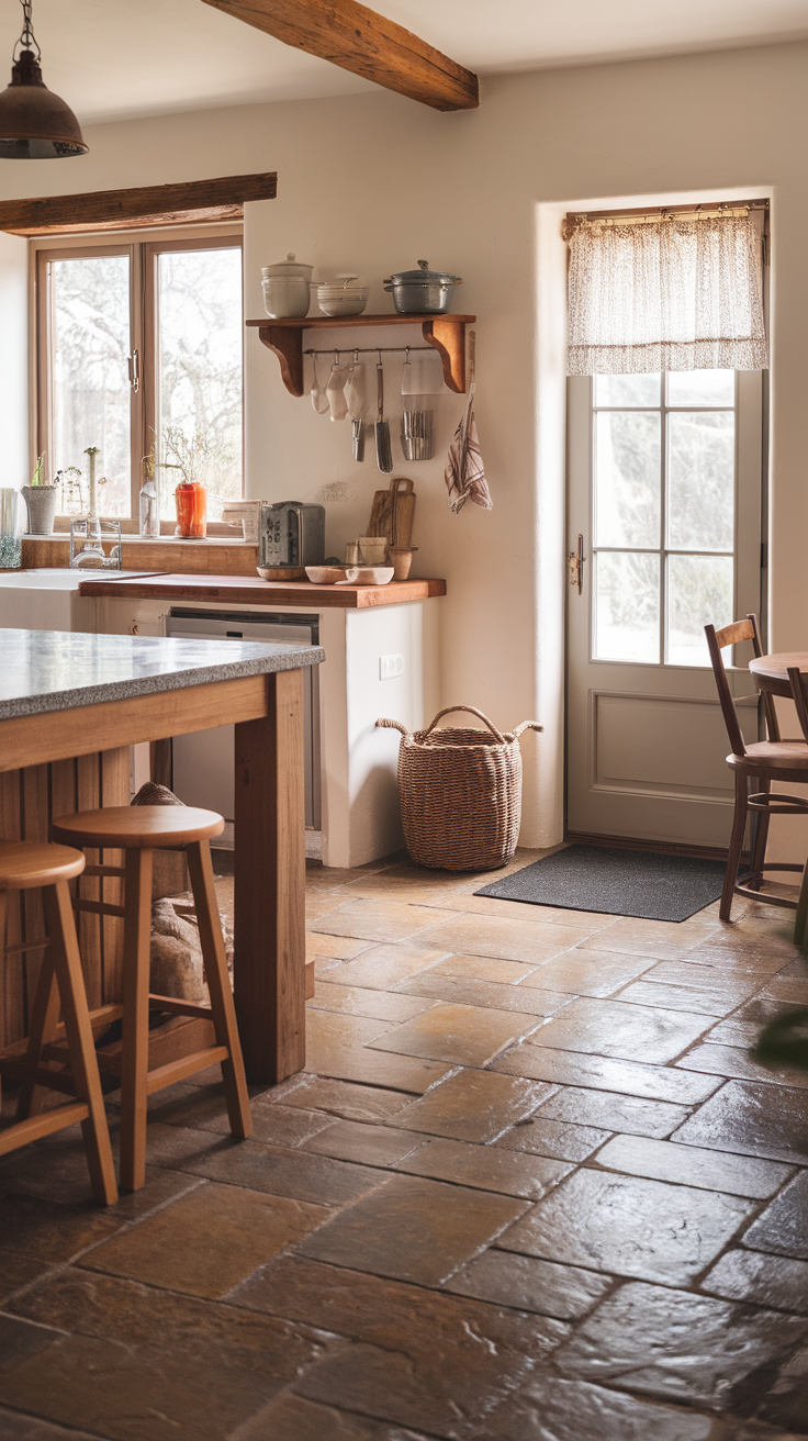 A farmhouse kitchen featuring natural rustic stone tile flooring with wooden cabinets and an island.