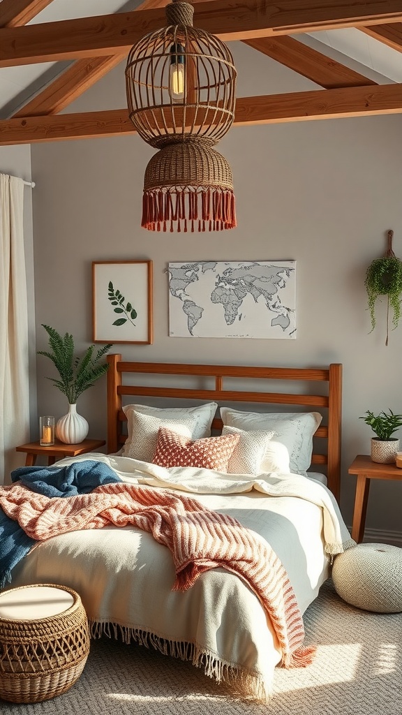 Cozy boho style bedroom with wooden bed frame, layered blankets, and rattan pendant light