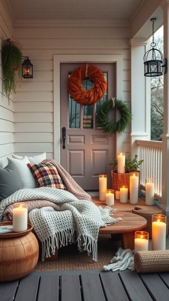 A cozy boho-style back porch with candles, pillows, and greenery.