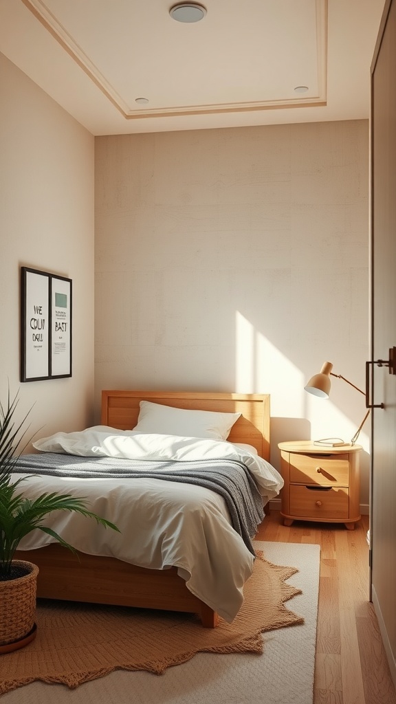 A small beige bedroom with wooden furniture, green plants, and warm lighting.