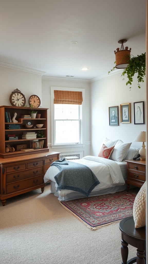 Cozy farmhouse basement bedroom with wooden furniture and family heirlooms