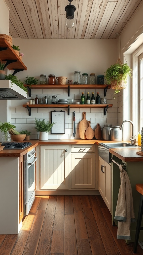 A cozy farmhouse kitchen featuring rustic wood floors, open shelves with jars, and greenery.