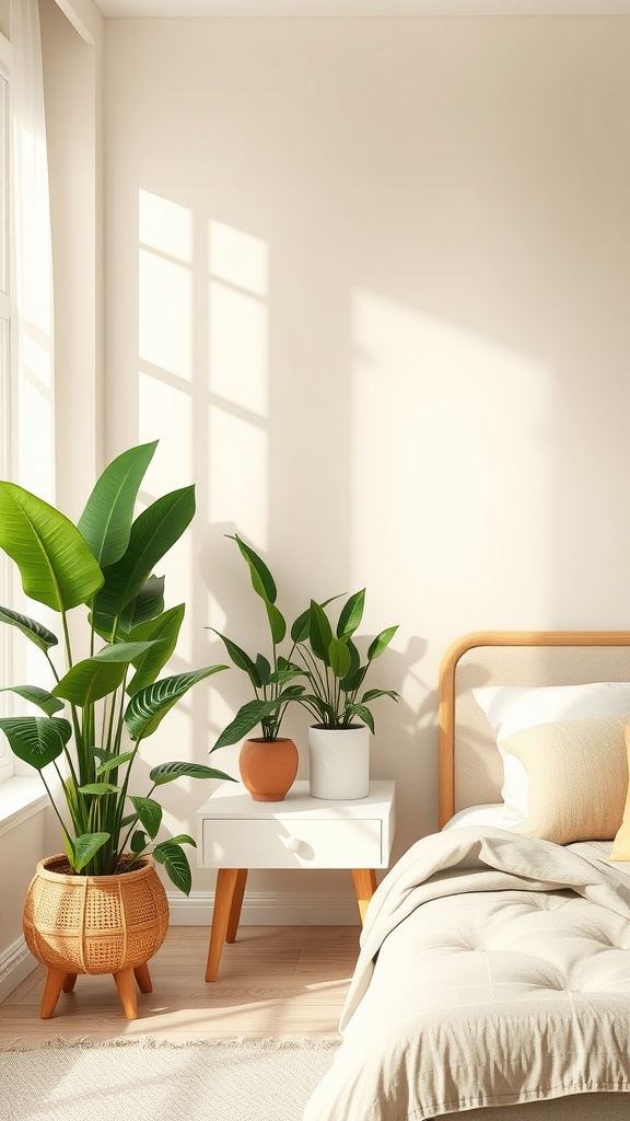 A beige bedroom featuring plants and a simple white nightstand with natural light streaming in.