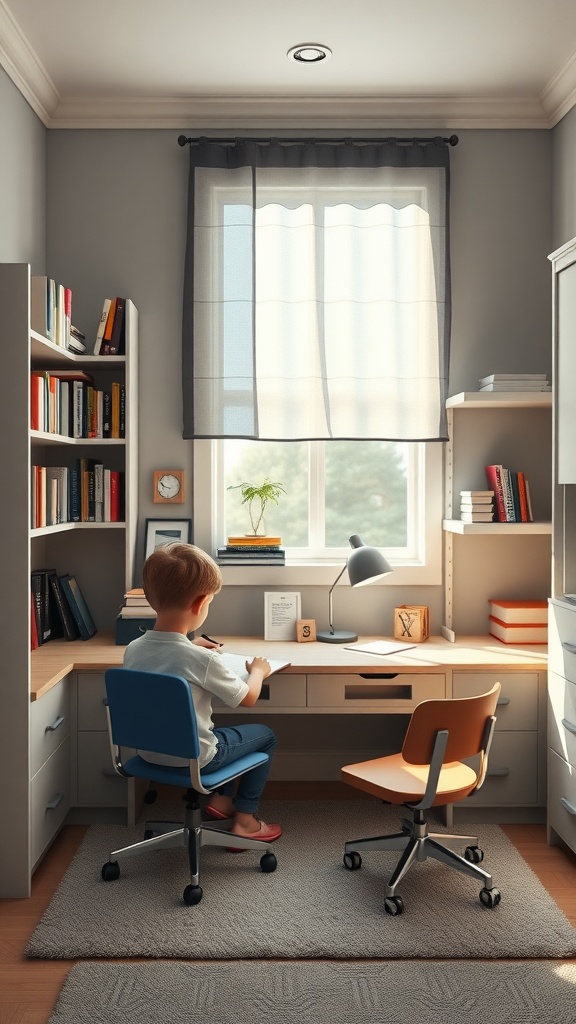A stylish study area in a twin boys bedroom with two chairs and a bookshelf.