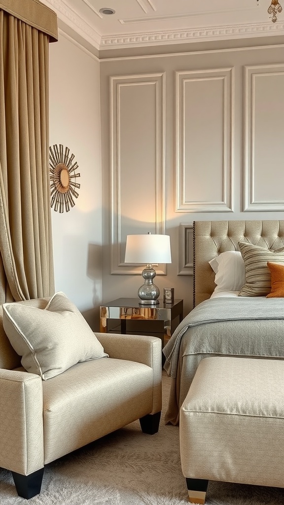 A stylish beige bedroom featuring metallic accents, including a silver lamp and a golden mirror.