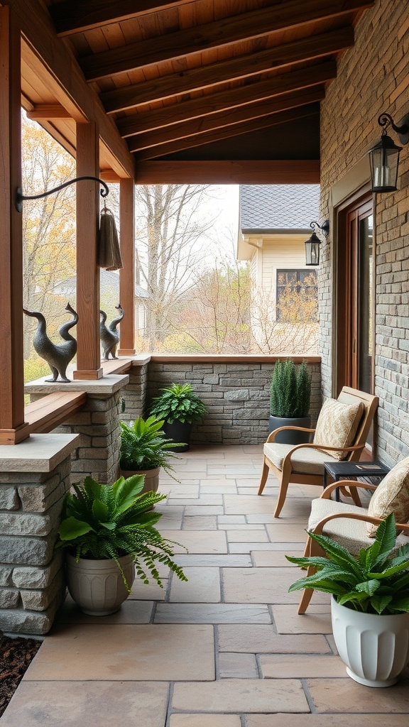 A cozy farmhouse back porch with wooden beams, stone walls, and lush plants.