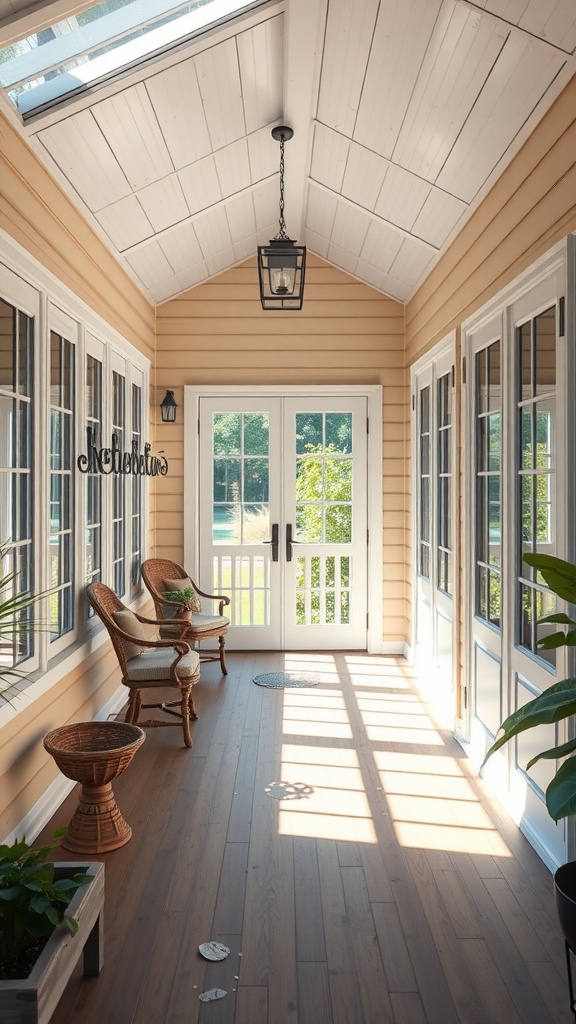 A bright farmhouse back porch with large windows, skylights, and wicker chairs.