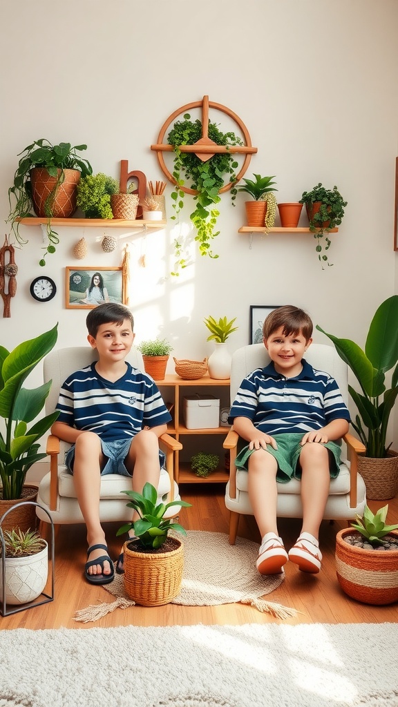 Two boys sitting in a stylish bedroom surrounded by indoor plants.