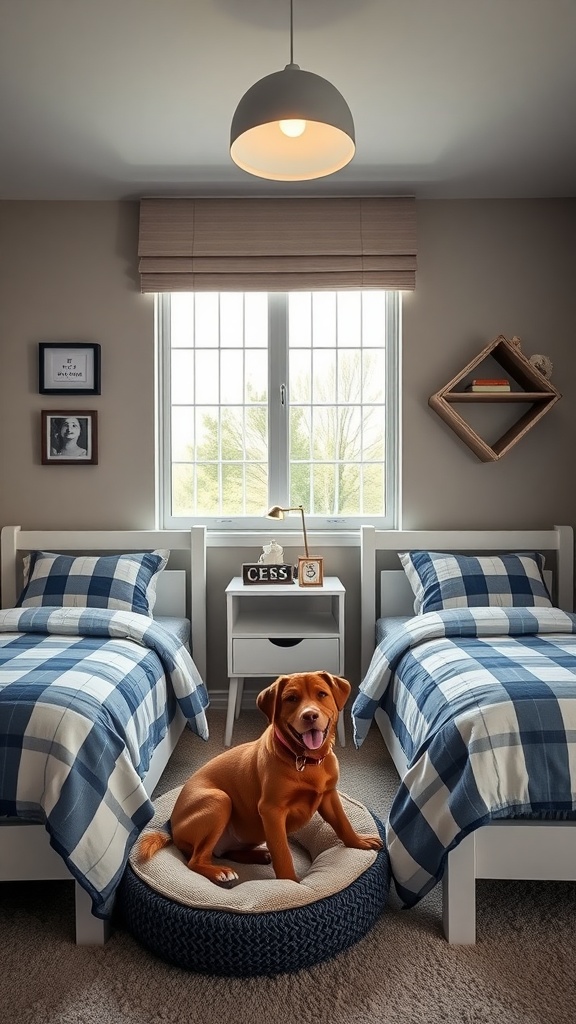 A cozy twin boys bedroom with two beds and a happy dog resting on a pet bed.