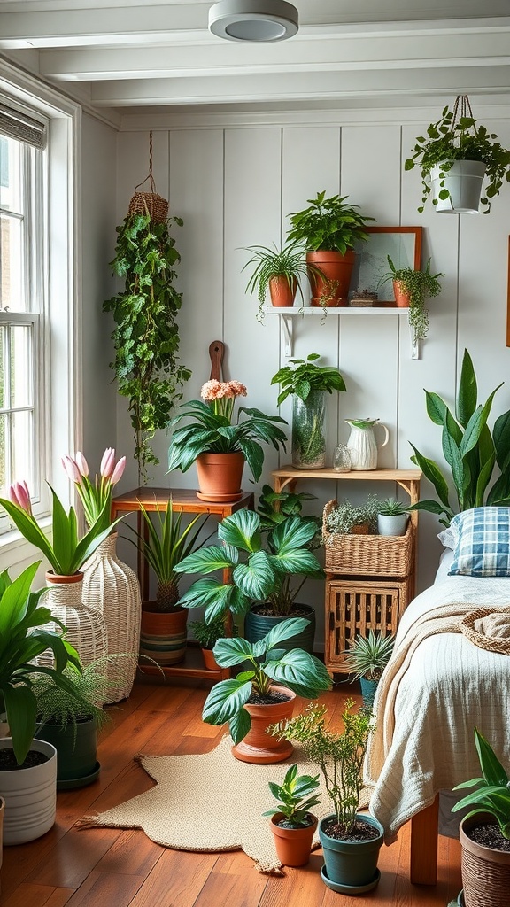 A cozy farmhouse bedroom filled with various plants in pots, creating a vibrant and inviting atmosphere.
