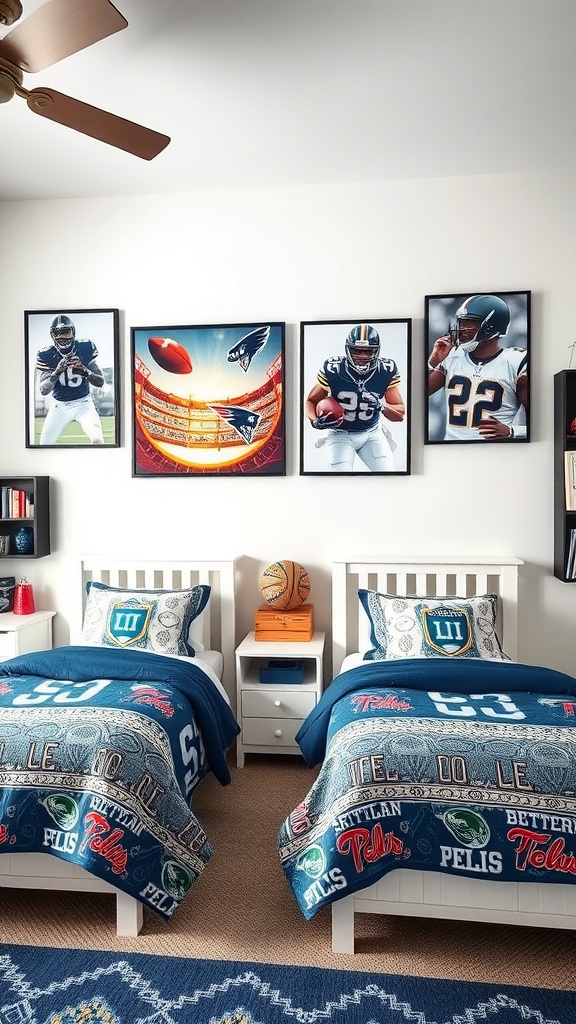 A twin boys bedroom featuring sports-themed bedding and wall art, including football players and sports imagery.
