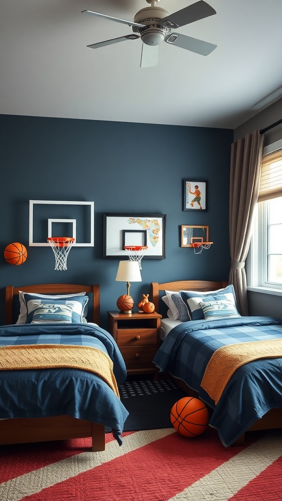 A twin boys bedroom with basketball hoops on the wall, colorful bedding, and basketballs on the floor.