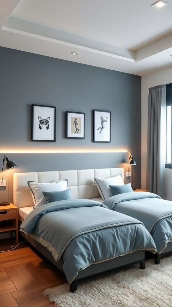 A stylish twin boys bedroom featuring two beds, modern decor, and smart lighting.