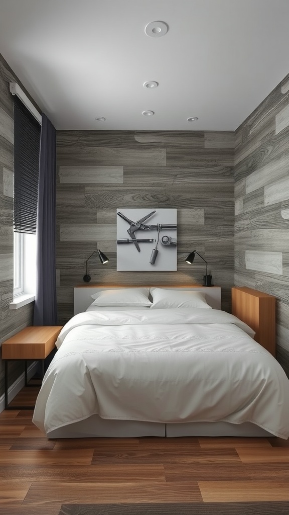 A cozy farmhouse bedroom with textured wood walls, a bed with white bedding, and wooden furniture.