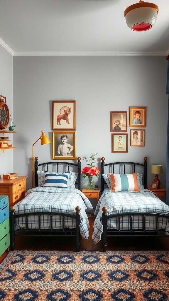 A cozy twin boys bedroom featuring vintage elements, framed portraits, plaid bedding, and a colorful dresser.