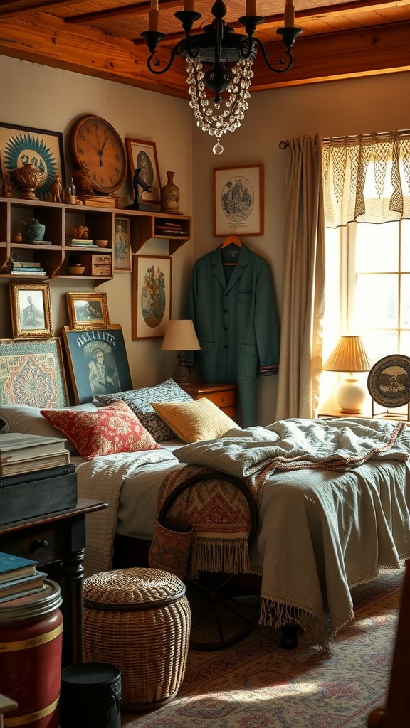 Cozy Boho Eclectic Bedroom featuring vintage decor and warm tones.