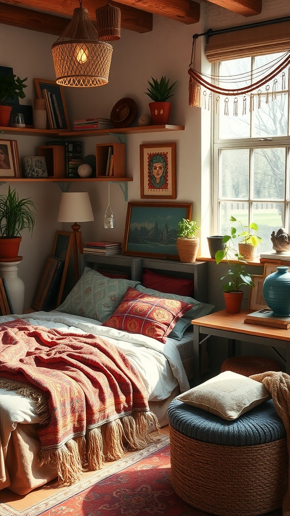 A cozy boho style bedroom featuring vintage decor, warm textiles, and plants.