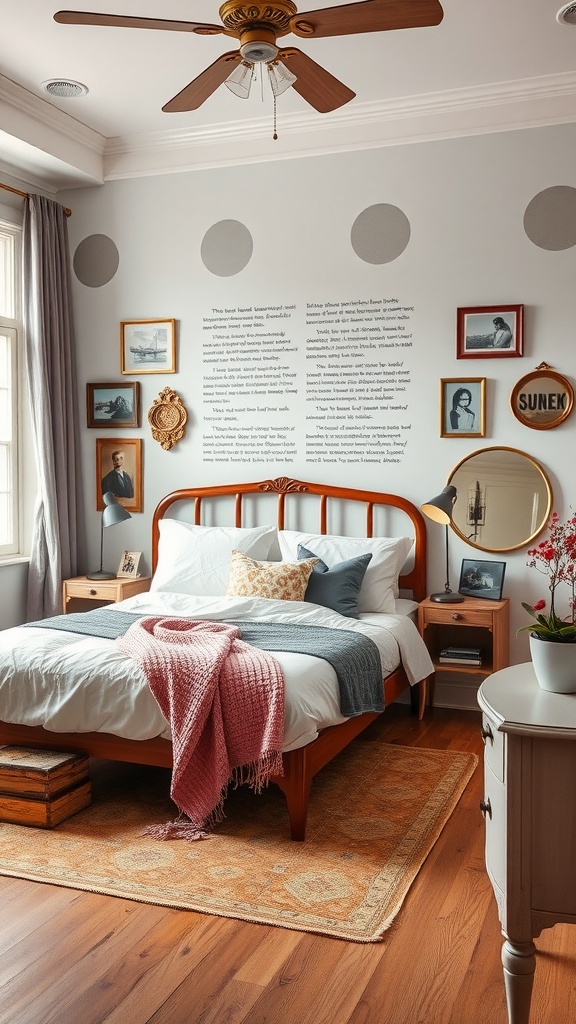 Boho Mid-Century Modern bedroom featuring a wooden bed, vintage artwork, cozy textiles, and plants.
