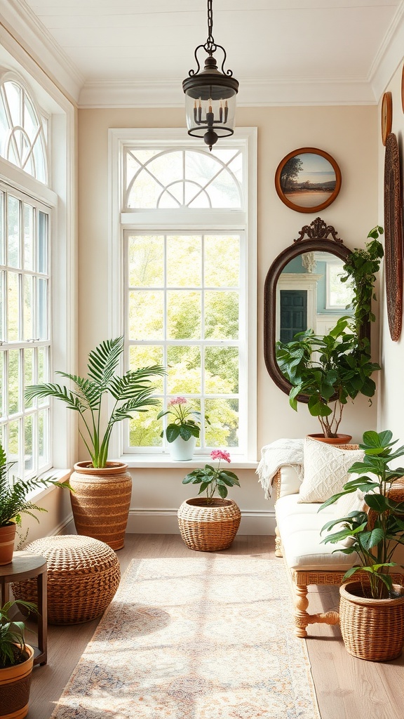 A bright sunroom featuring plants, a cozy chair, and vintage mirrors.