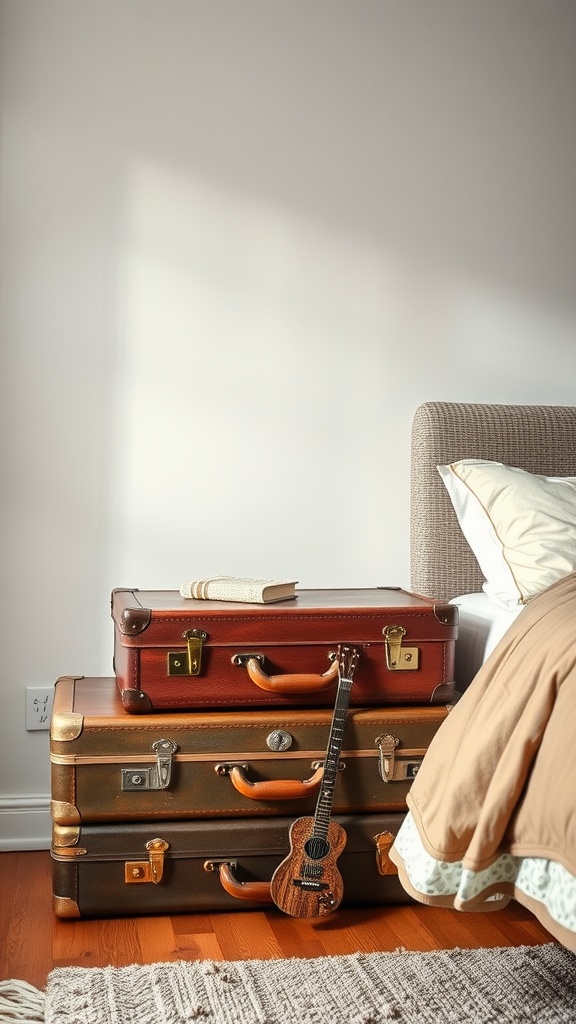 A stack of vintage suitcases next to a bed in a cozy farmhouse bedroom
