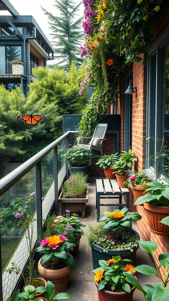 A vibrant balcony filled with potted flowers, inviting butterflies and other wildlife.