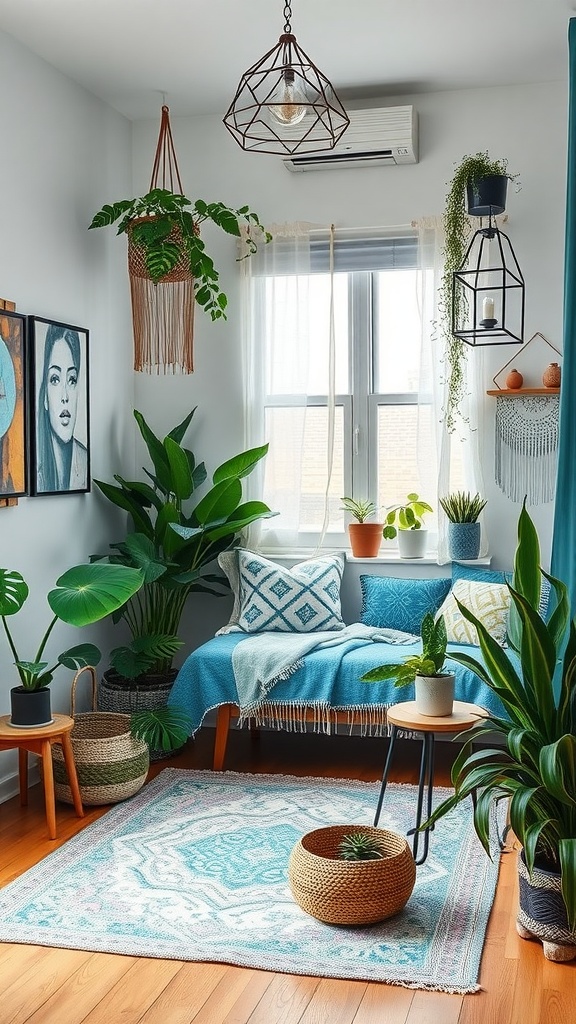 Cozy bohemian bedroom corner with vibrant blue decor and indoor plants