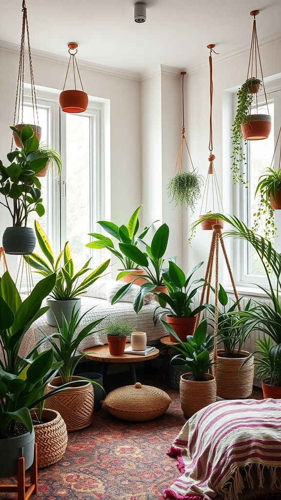 A boho-style bedroom filled with indoor plants, featuring hanging pots and various greenery around the room.