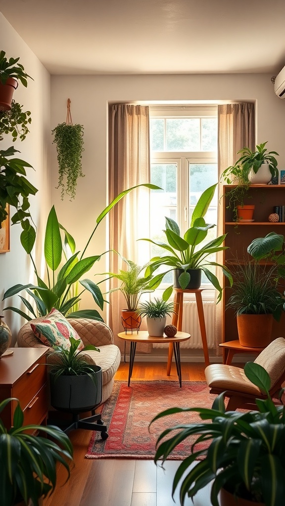 A cozy room filled with various indoor plants, featuring comfortable seating and a warm color palette.