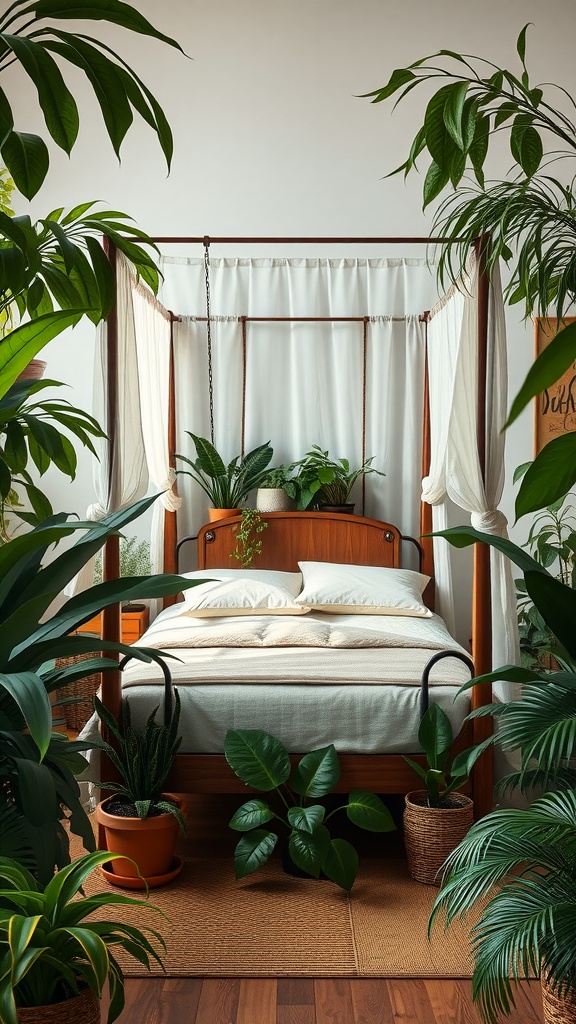 A serene boho bedroom featuring a canopy bed surrounded by various indoor plants, creating a calming atmosphere.