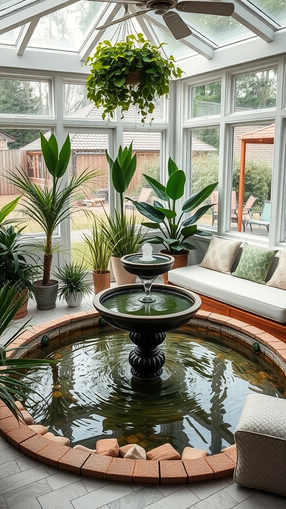A beautiful indoor water feature in a sunroom, featuring a round pond with a fountain and surrounded by various plants.