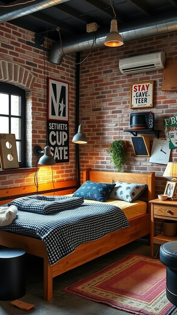 An industrial-style bedroom featuring exposed brick walls, a wooden bed with plaid bedding, and stylish lighting.
