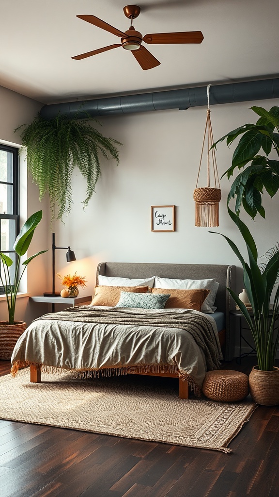 A cozy bedroom featuring industrial elements with a blend of boho jungle decor.