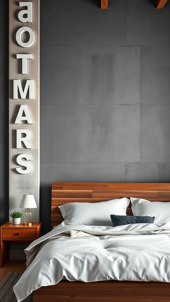 A bedroom with an industrial grey accent wall and wooden furniture, featuring a cozy bed and decorative elements.
