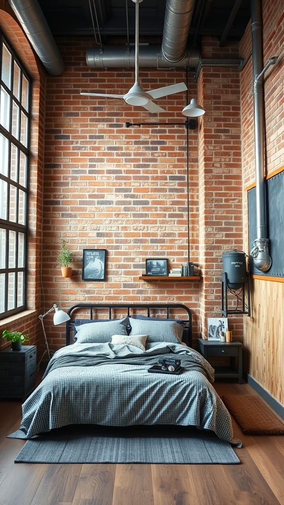 A cozy industrial style bedroom featuring exposed brick walls, large windows, and a stylish bed set in dark and moody tones.